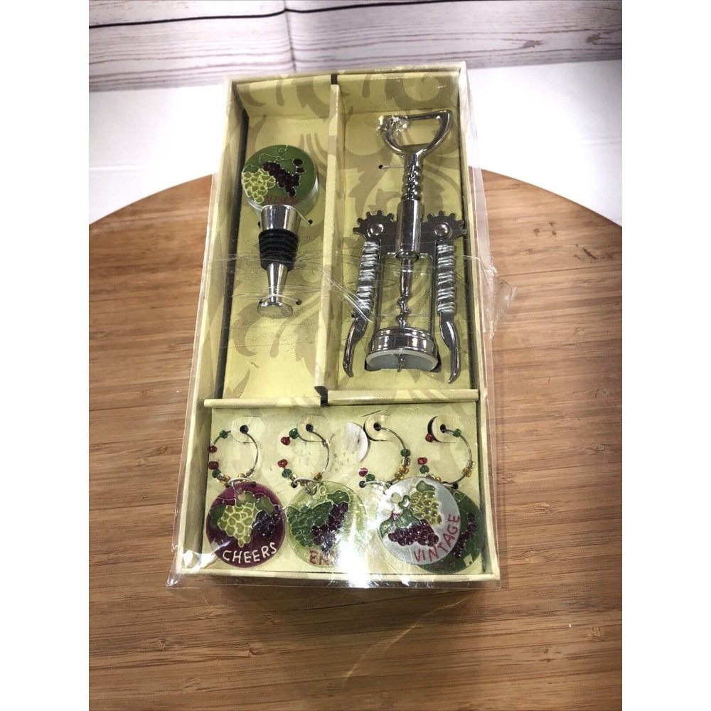 Cypress Home Wine Gift set With Bottle opener, Grape Stopper & 4 Stem Charms NEW
